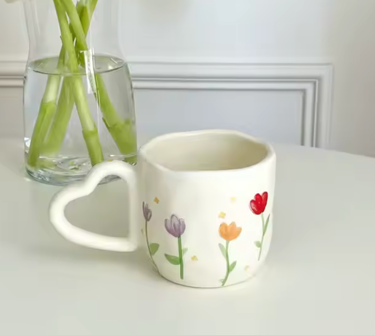 PAINTED FLOWER MUG W/ HEART HANDLE