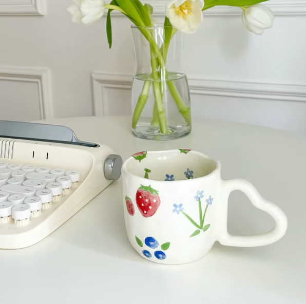 PAINTED BERRY FLOWER MUG W/ HEART HANDLE