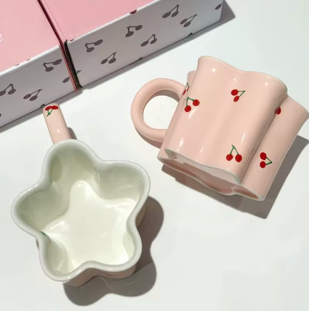 CHERRY PRINTED FLOWER SHAPED MUG